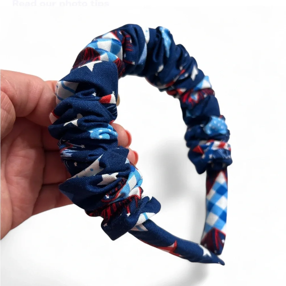 Patriotic Blue Pattern Hair Scrunchies and Headbands Accessory Set. Handmade